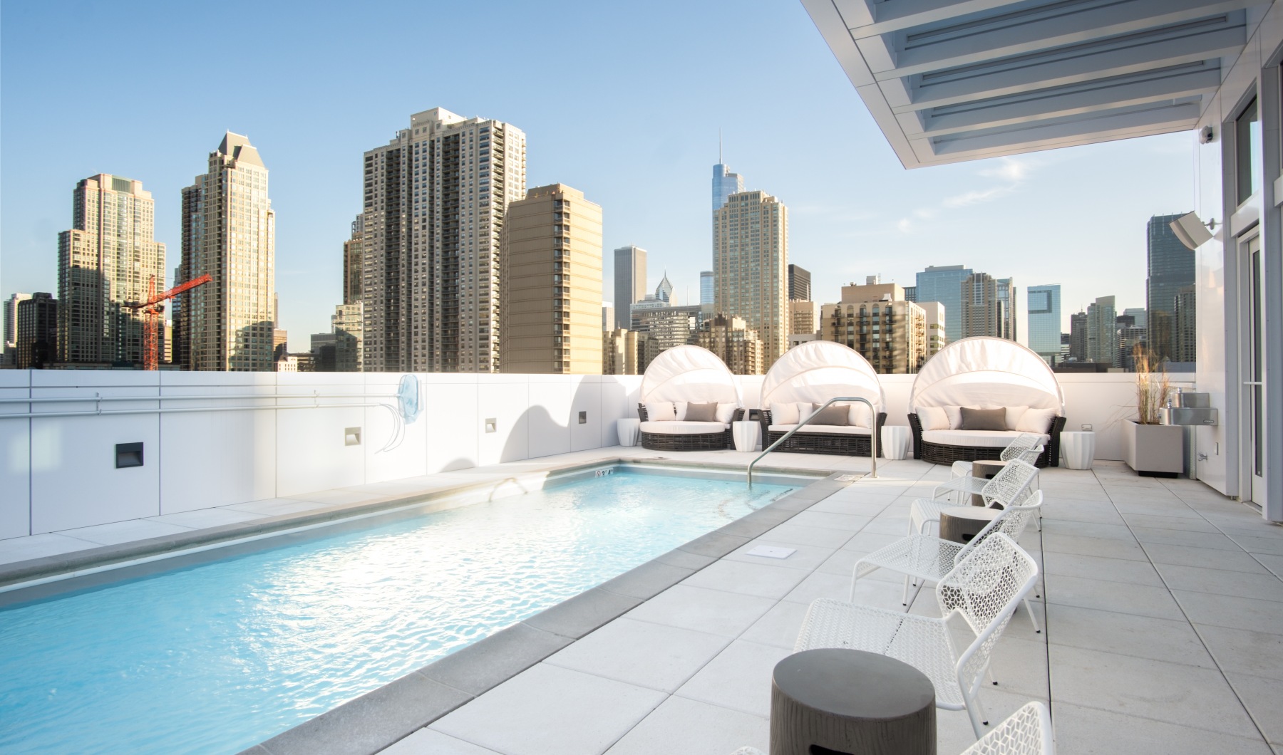 rooftop swimming pool surrounded by plush lounge seating