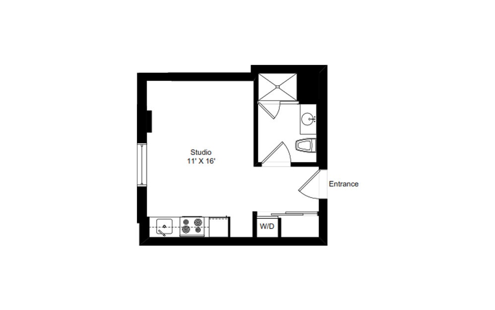 H-A16 - Studio floorplan layout with 1 bath and 321 square feet.