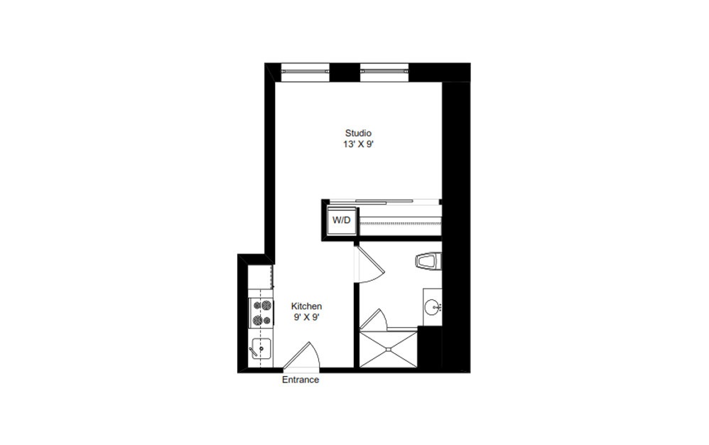 H-A3 - Studio floorplan layout with 1 bath and 405 square feet.