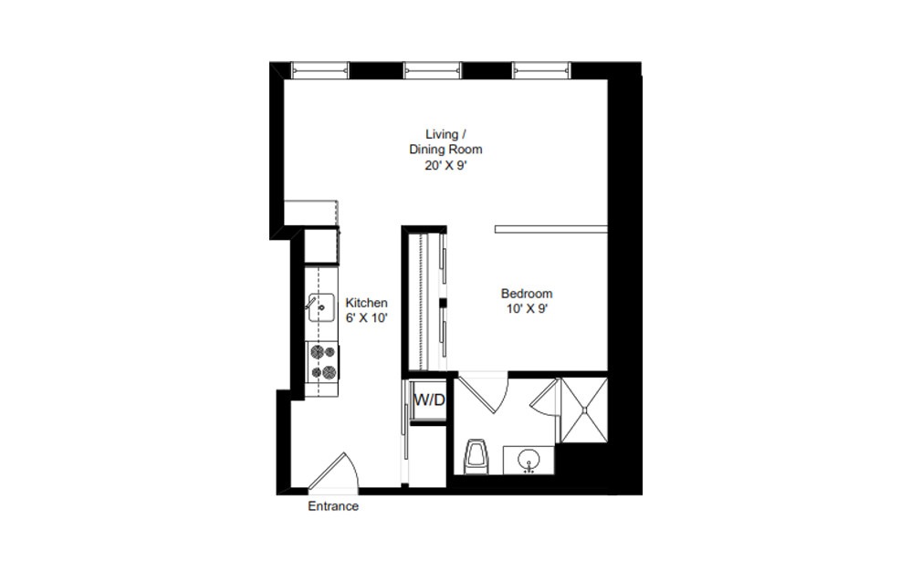 H-C22 - 1 bedroom floorplan layout with 1 bath and 380 square feet.