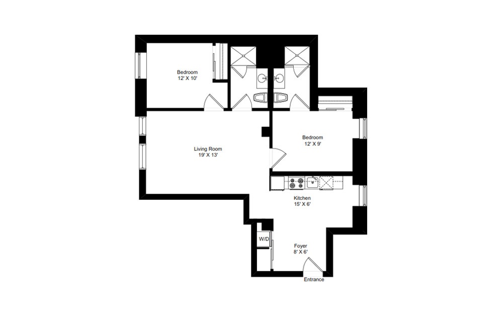 H-D1 - 2 bedroom floorplan layout with 2 baths and 933 square feet.