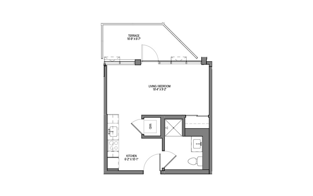 M-A9 - Studio floorplan layout with 1 bath and 333 square feet.