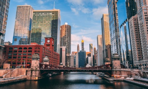Chicago Skyline with River North in the Foreground - river north apartments for rent Chicago Skyline with River North in the Foreground - river north apartments for rent