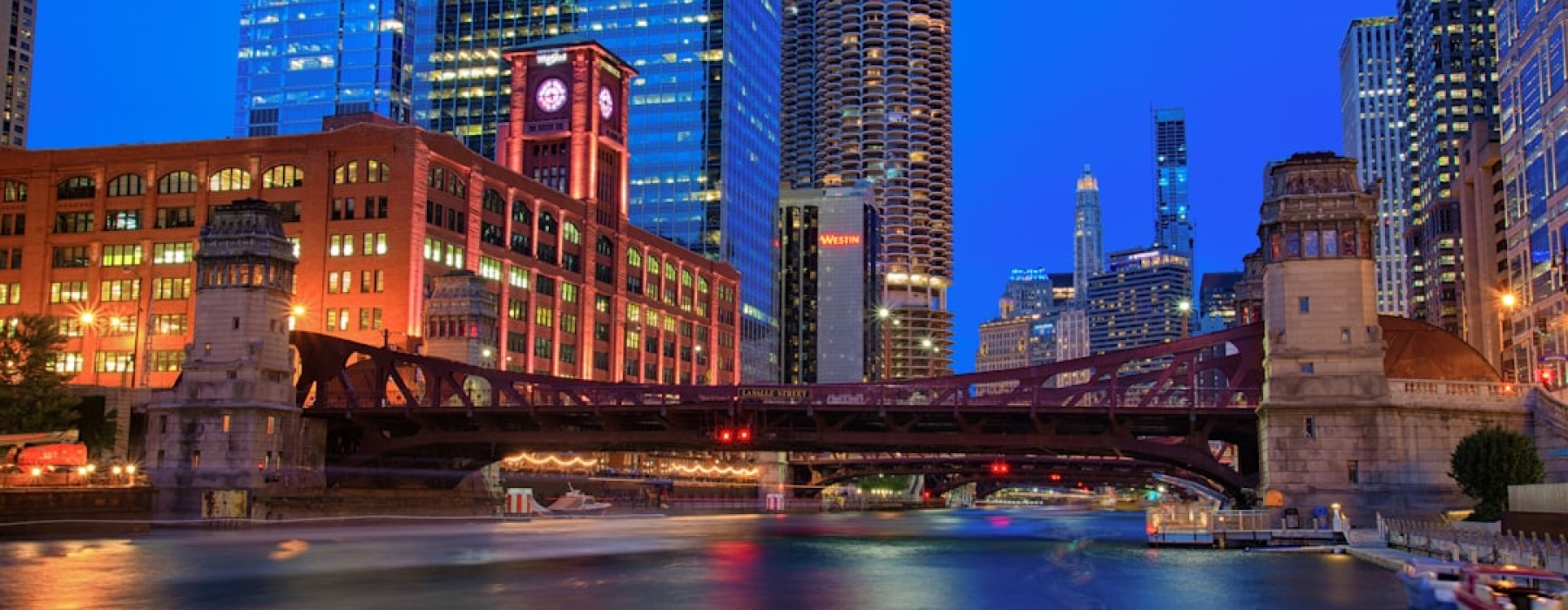 Chicago Riverwalk illuminated at night - is chicago riverwalk safe at night