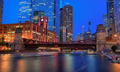 Chicago Riverwalk illuminated at night - is chicago riverwalk safe at night