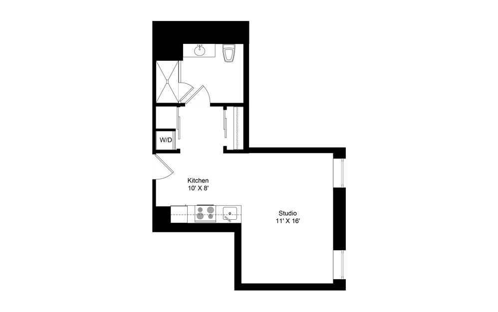 H-A14 - Studio floorplan layout with 1 bath and 455 square feet.